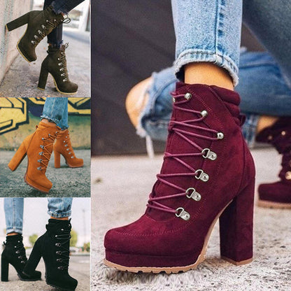 Heeled Boots For Women Round Toe Lace UP High Mid Calf Shoes