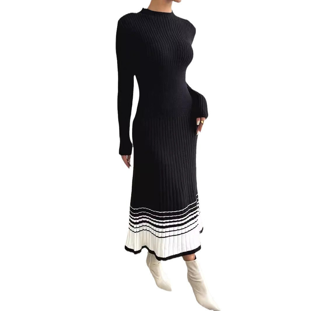 Women's Woolen Black And White Stripes Dress