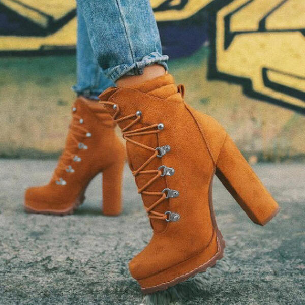 Heeled Boots For Women Round Toe Lace UP High Mid Calf Shoes