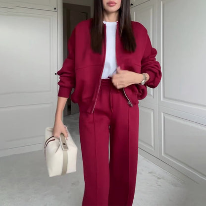 Solid Color Loose Zip Sweater Casual Trousers Suit