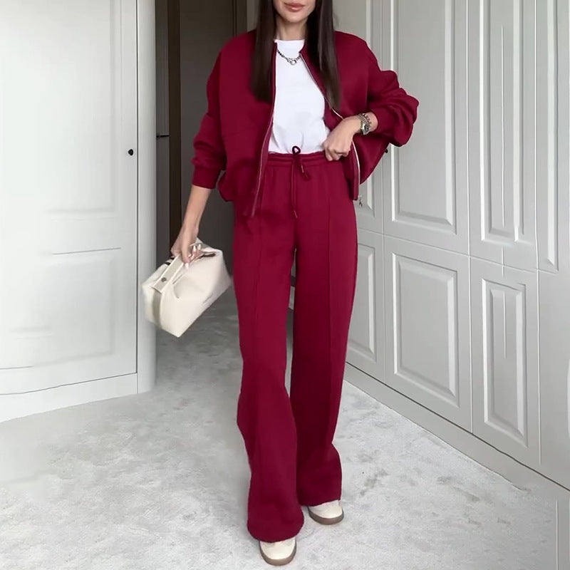 Solid Color Loose Zip Sweater Casual Trousers Suit