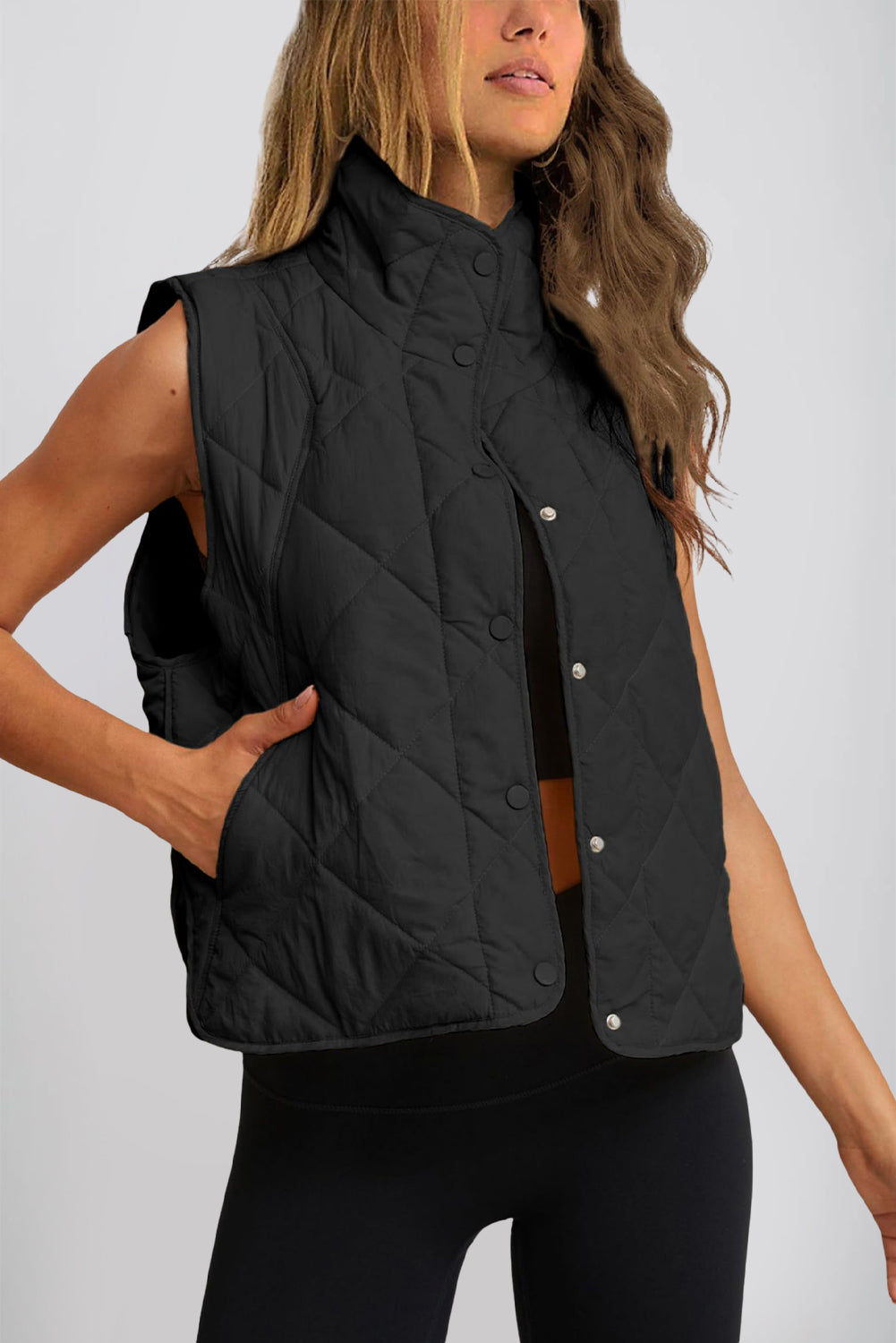 Women's Snap Down Texture Vest Coat with Pockets