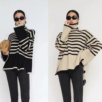 Fashion Striped Turtleneck  Casual Loose Slit Design Sweater Winter Women's Clothing