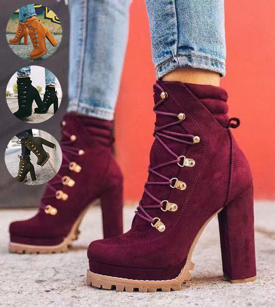 Heeled Boots For Women Round Toe Lace UP High Mid Calf Shoes