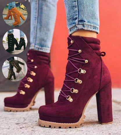 Heeled Boots For Women Round Toe Lace UP High Mid Calf Shoes