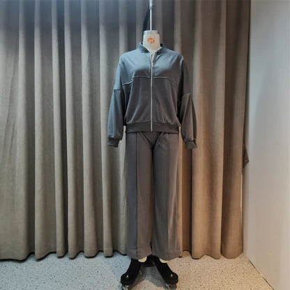 Solid Color Loose Zip Sweater Casual Trousers Suit