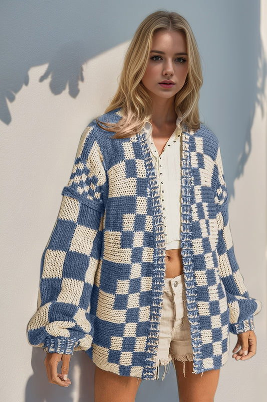 Women's  Checkered Drop Shoulder Cardigan