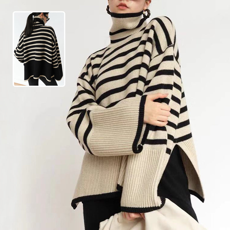 Fashion Striped Turtleneck  Casual Loose Slit Design Sweater Winter Women's Clothing