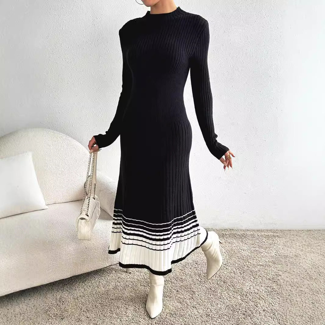 Women's Woolen Black And White Stripes Dress