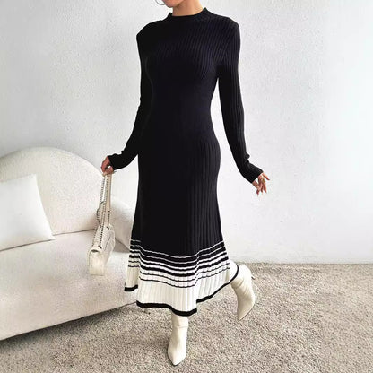 Women's Woolen Black And White Stripes Dress