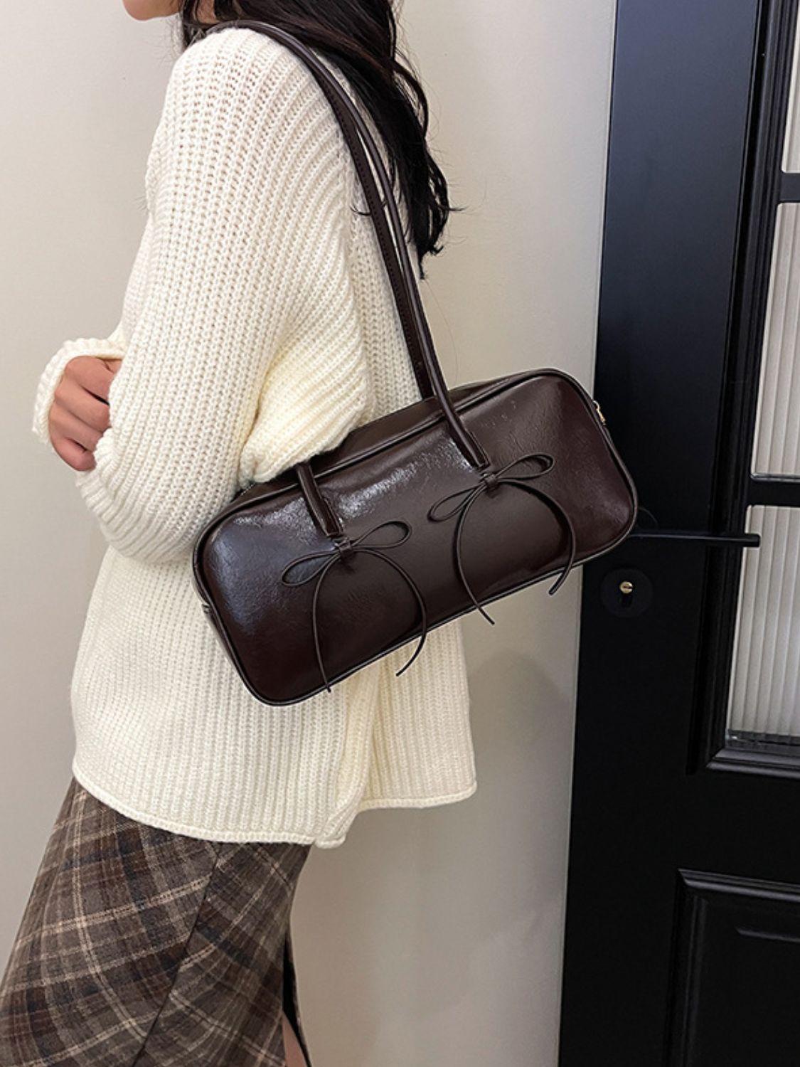 Women's  Leather Bow Trim Shoulder Bag