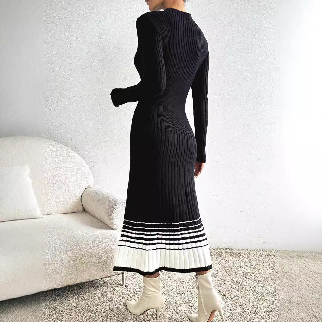 Women's Woolen Black And White Stripes Dress