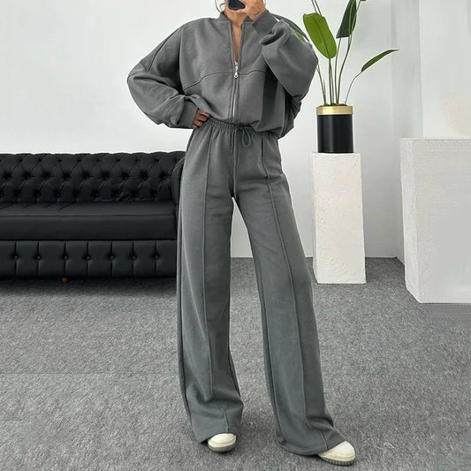 Solid Color Loose Zip Sweater Casual Trousers Suit