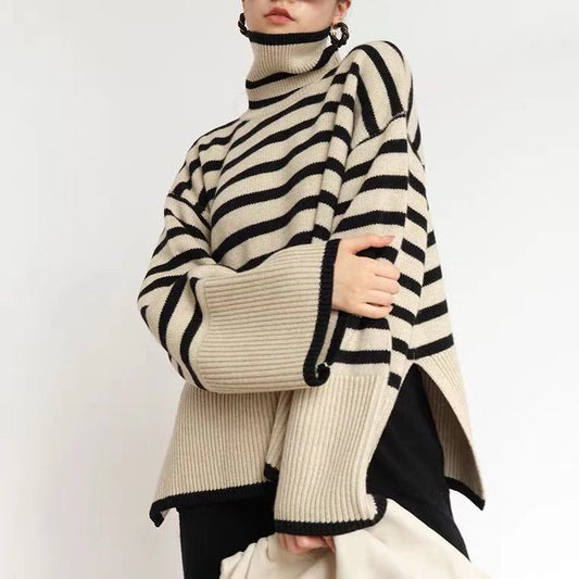 Fashion Striped Turtleneck  Casual Loose Slit Design Sweater Winter Women's Clothing