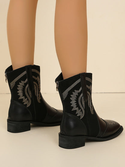 Embroidered PU Leather Block Heel Boots