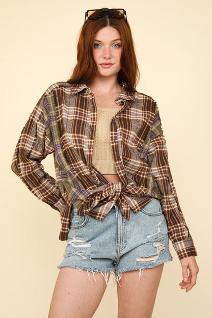 VERY J Contrast Plaid Raw Detail Shirt