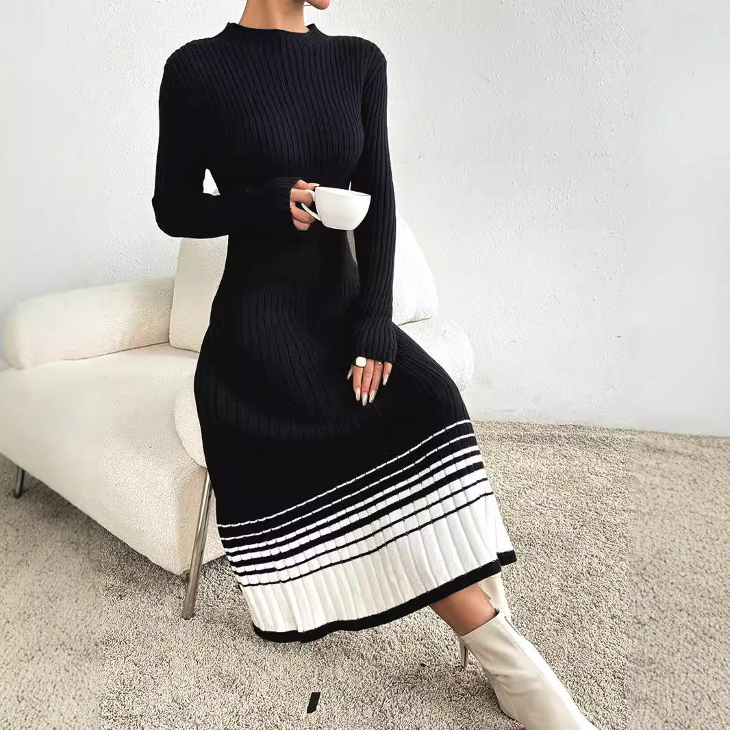 Women's Woolen Black And White Stripes Dress