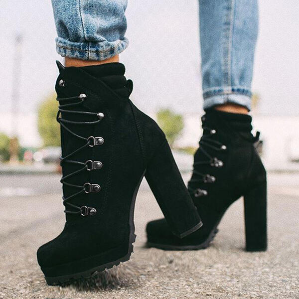 Heeled Boots For Women Round Toe Lace UP High Mid Calf Shoes