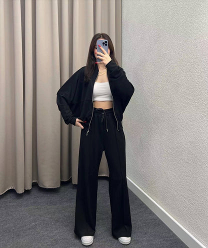 Solid Color Loose Zip Sweater Casual Trousers Suit