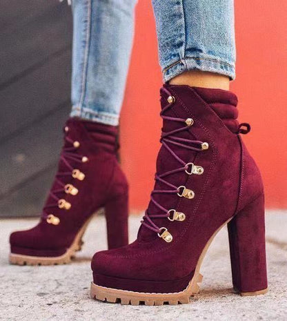 Heeled Boots For Women Round Toe Lace UP High Mid Calf Shoes