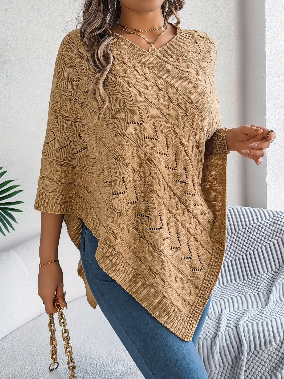 Cable-Knit Openwork Three-Quarter Sleeve Sweater