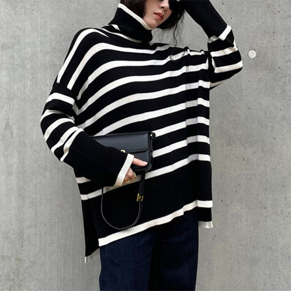 Fashion Striped Turtleneck  Casual Loose Slit Design Sweater Winter Women's Clothing