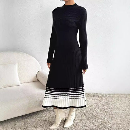 Women's Woolen Black And White Stripes Dress