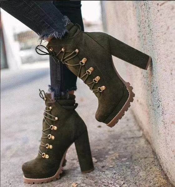 Heeled Boots For Women Round Toe Lace UP High Mid Calf Shoes