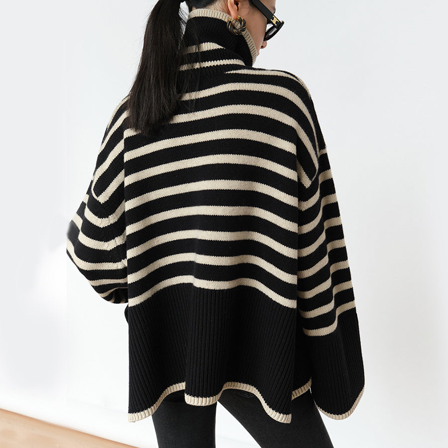 Fashion Striped Turtleneck  Casual Loose Slit Design Sweater Winter Women's Clothing