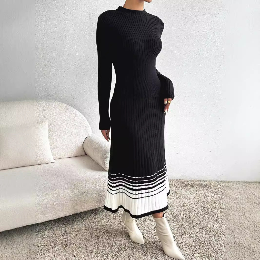 Women's Woolen Black And White Stripes Dress