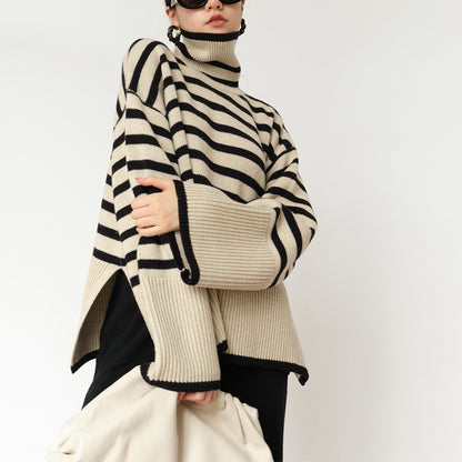 Fashion Striped Turtleneck  Casual Loose Slit Design Sweater Winter Women's Clothing