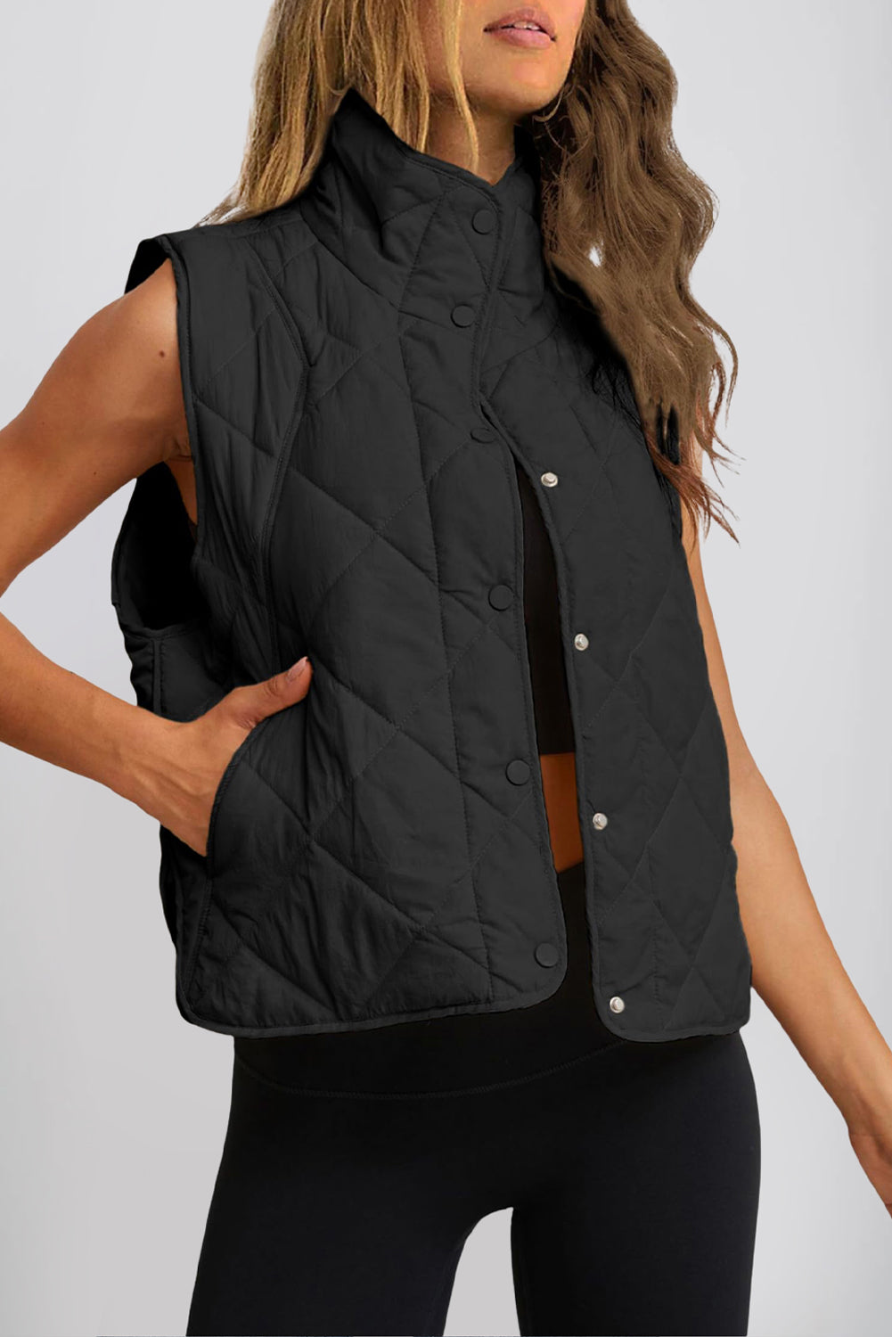 Women's Snap Down Texture Vest Coat with Pockets