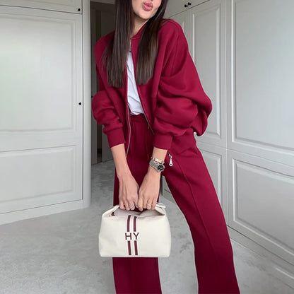 Solid Color Loose Zip Sweater Casual Trousers Suit